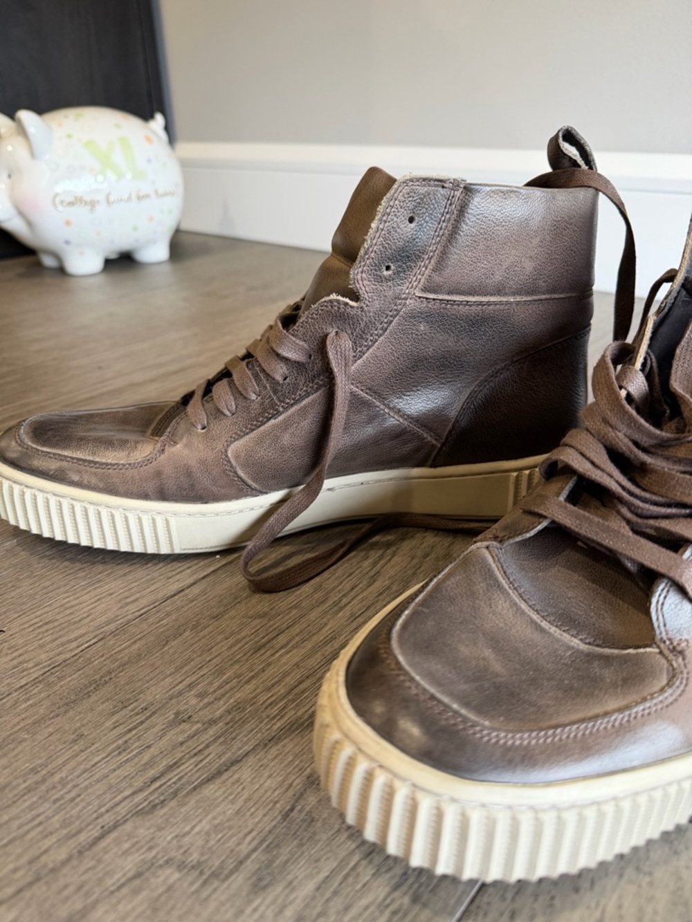 John Varvatos Brown Leather High-Top Sneakers with Cream Platform Sole - Picture 2 of 6